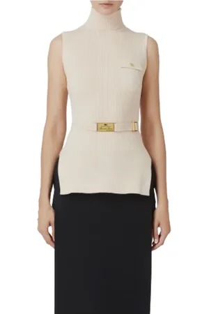 Elisabetta Franchi Koszulki, Kobieta, Beżowy, M, Prążkowany top z golfem i kieszenią z logo
