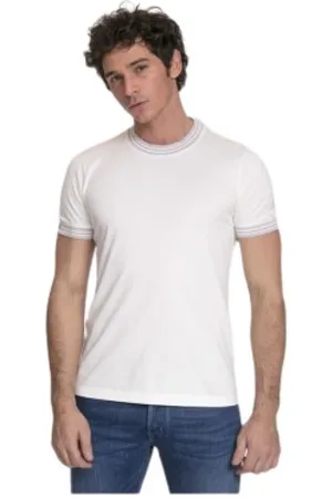 Brunello Cucinelli Koszulki, Mężczyzna, Biały, S, Bawełna, Biały T-shirt z okrągłym dekoltem i kolorowymi paskami na dekolcie i rękawach