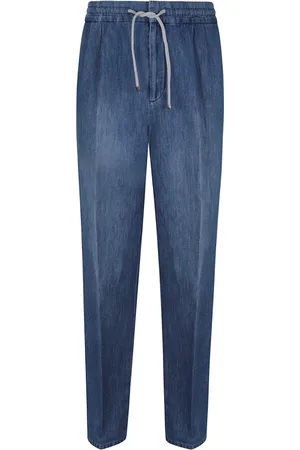 Brunello Cucinelli Jeansy, Mężczyzna, Niebieski, M, Denim, Denimowe spodnie z troczkami, krój rekreacyjny