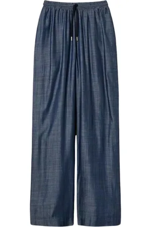 Twin-Set Spodnie, Kobieta, Niebieski, XS, Denim, Spodnie Palazzo z Chambrayu i Elastycznym Pasem