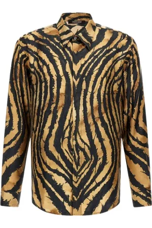 Roberto Cavalli Koszule, Mężczyzna, Wielobarwność, L, Brązowa Koszula z nadrukiem wolności Made in Italy