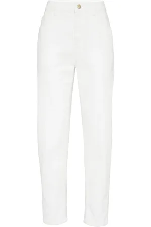 Brunello Cucinelli Spodnie, Kobieta, Biały, S, Bawełna, Dżinsy typu high-rise tapered z łańcuszkiem Monili