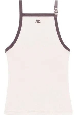Courrèges Koszulki, Kobieta, Beżowy, M, Bawełna, Top bez rękawów z ozdobną klamrą z logo