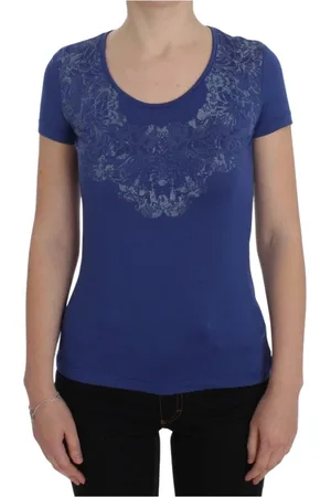 ERMANNO SCERVINO Koszulki, Kobieta, Niebieski, S, T-shirt z okrągłym dekoltem i niebieskim logo