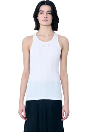 Maison Margiela Koszulki, Kobieta, Biały, XS, Bawełna, Prążkowany Top na Ramiączkach z Naszywką Logo