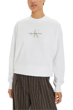 Calvin Klein Bluzy, Kobieta, Biały, XS, Biały Drukowany Sweter z Okrągłym Dekoltem