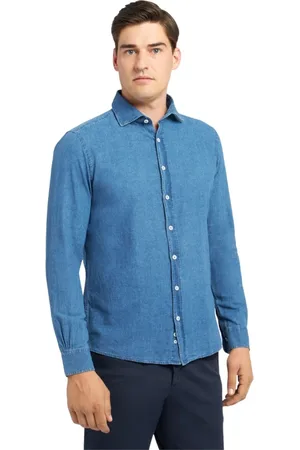 Brooks Brothers Koszule, Mężczyzna, Niebieski, L, Bawełna, Koszula Chambray Slim Fit z Mieszanki Bawełny i Lnu z Kołnierzykiem Spread