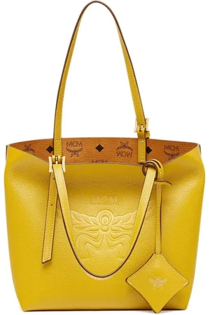 MCM Torebki, Kobieta, Żółty, ONE SIZE, Skóra, Niebo Shopper z skóry z nadrukiem logo