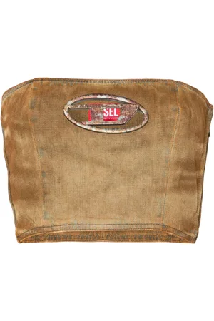 Diesel Koszulki, Kobieta, brązowy, L, Denim, Brązowa koszulka bandeau z denimu z logo D
