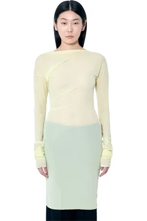 DRIES VAN NOTEN Koszulki, Kobieta, Żółty, S, Bluzka z drapowanym dekoltem typu crewneck i długim rękawem