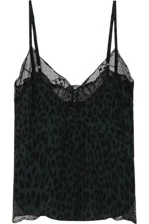 Zadig & Voltaire Koszulki, Kobieta, Czarny, M, Len, Top z koronką w kolorze ciemnej zieleni z nadrukiem leoparda