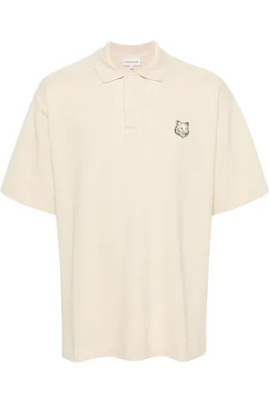 Maison Kitsuné Koszulki, Mężczyzna, Beżowy, S, Bawełna, Polo Oversize z Naszywką z Odważnym Lisem