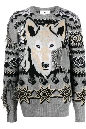 Etro Bluzy, Mężczyzna, Szary, S, Wełna, Wełniany Sweter w Zwierzęcy Wzór