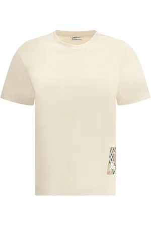 Burberry Koszulki, Kobieta, Beżowy, M, Bawełna, T-shirt z logo i prążkowanym dekoltem