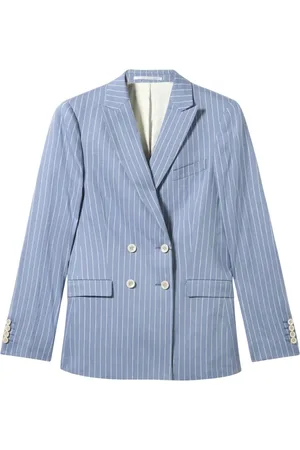 Brooks Brothers Kurtki, Kobieta, Niebieski, S, Len, Pinstripe Linen Blend Dwurzędowy Blezer