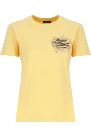 Etro Koszulki, Kobieta, Żółty, S, Bawełna, Bawełniany T-shirt z Okrągłym Dekoltem i Logo