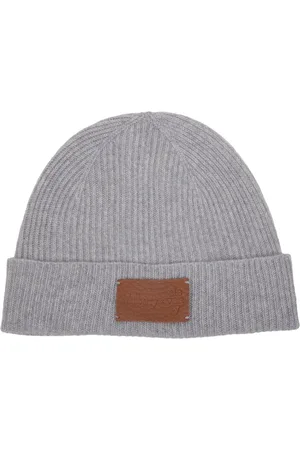 ELEVENTY Akcesoria, unisex, Szary, ONE SIZE, Wełna, Wełniana czapka beanie z elementami skórzanymi