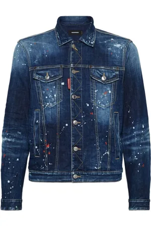 Dsquared2 Kurtki, Mężczyzna, Niebieski, L, Bawełna, Kurtka jeansowa Dsquared 2 z niebieskimi plamami farby