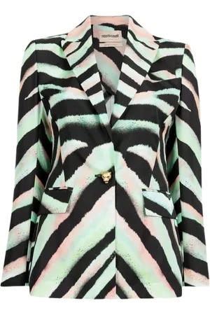 Roberto Cavalli Kurtki, Kobieta, Wielobarwność, S, Żakiet w zebrę z ozdobą w kształcie głowy pantery