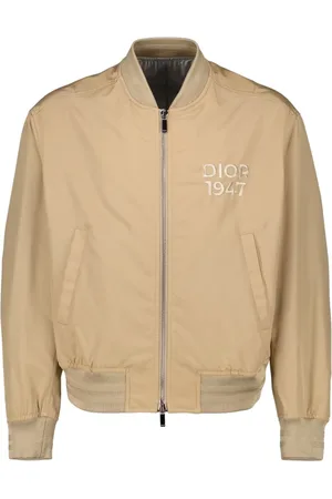 Dior Kurtki, Mężczyzna, Beżowy, L, Nylon, Bomberka z prążkowanej dzianiny z haftowanym logo