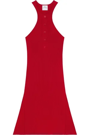 Courrèges Sukienki, Kobieta, Czerwony, XS, Poliester, Czerwona sukienka A-line z wyhaftowanym logo i wycięciem racerback
