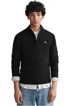 GANT Bluzy, Mężczyzna, Czarny, XL, Wełna, Sweter z bardzo cienkiej wełny zapinany na pół zamek