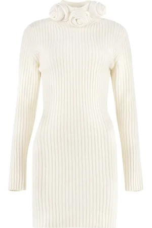 BLUMARINE Sukienki, Kobieta, Beżowy, M, Kwiatowa sukienka z wełny z kołnierzem stojącym