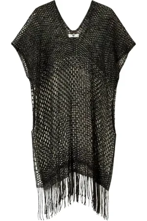 Twin-Set Stroje kąpielowe, Kobieta, Czarny, ONE SIZE, Bawełna, Czarny Sea Ponczo z Frędzlami