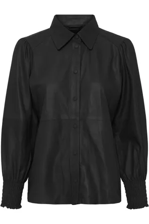 Btfcph Bluzki, Kobieta, Czarny, 3XL, Skóra, Skórzana koszula z detalami smockingowymi