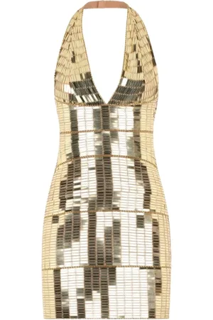Roberto Cavalli Sukienki, Kobieta, Żółty, S, Złota sukienka mini z jedwabiu z aplikacjami