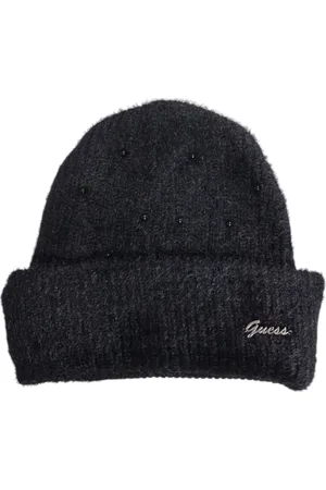 Guess Akcesoria, Kobieta, Czarny, ONE SIZE, Len, Zdobiona Wełniana Czapka