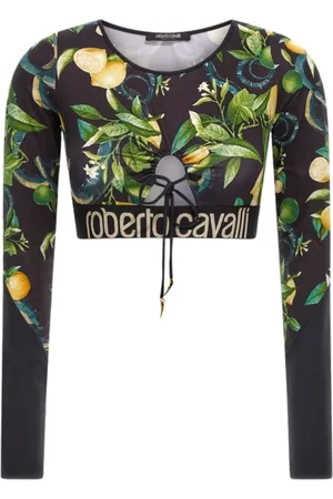Roberto Cavalli Koszulki, Kobieta, Wielobarwność, S, Crop Top z Limonkowym Nadrukiem Włochy