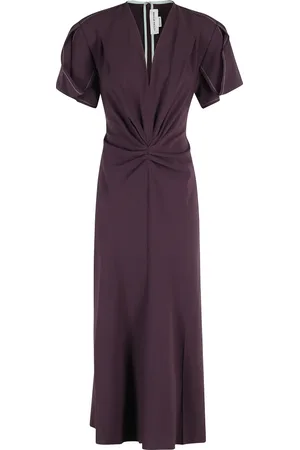 Victoria Beckham Sukienki, Kobieta, brązowy, S, Elegancka Sukienka Midi z Dekoltem V