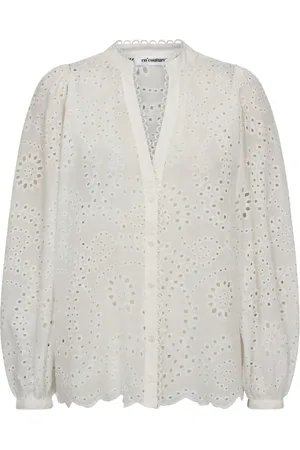 Co`Couture Bluzki, Kobieta, Biały, L, Bluzka Anglaise V-Shirt z Haftem