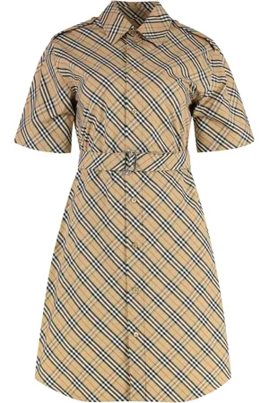 Burberry Sukienki, Kobieta, Beżowy, M, Bawełna, Bawełniana sukienka koszulowa w kratę z paskiem
