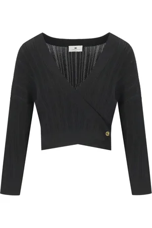 Elisabetta Franchi Bluzki, Kobieta, Czarny, L, Czarny Sweter z Dekoltem w Szachownice