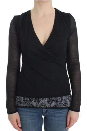 ERMANNO SCERVINO Swetry, Kobieta, Czarny, M, Wełna, Czarny sweter z dekoltem w serek z mieszanki wełny