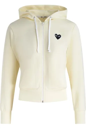 Comme des Garçons Bluzy, Kobieta, Beżowy, S, Poliester, Rozpinana bluza z kapturem w serca, kolor ivory