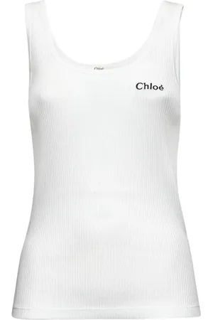 Chloé Koszulki, Kobieta, Biały, S, Bawełna, Prążkowany Top na Ramiączkach z Haftowanym Logo
