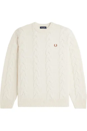 Fred Perry Swetry, Mężczyzna, Beżowy, L, Wełna, Sweter z Warkoczowym Splotem