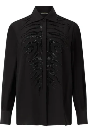 Roberto Cavalli Bluzki, Kobieta, Czarny, S, Cekiny, Jedwabna koszula w cekiny z motywem skóry tygrysa