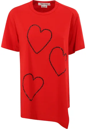 Comme des Garçons Koszulki, Kobieta, Czerwony, M, T-shirt z kryształowym dekoltem i motywem serca