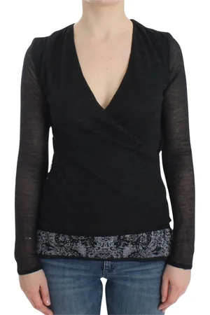 ERMANNO SCERVINO Swetry, Kobieta, Czarny, M, Wełna, Czarny sweter z głębokim dekoltem w serek z mieszanki wełny
