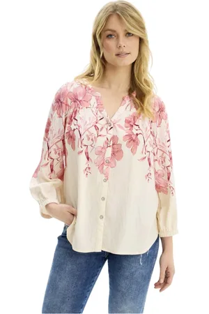 In Front Bluzki, Kobieta, Wielobarwność, 2XL, Nylon, Różowa Koszula Bluzka 3/4 Rękawy Dekolt w serek