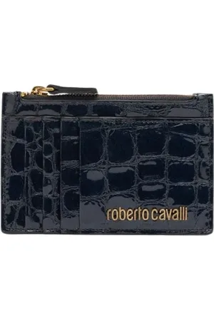 Roberto Cavalli Akcesoria, Kobieta, Niebieski, ONE SIZE, Skóra, Portmonetka na monety ze wzorem krokodylej skóry
