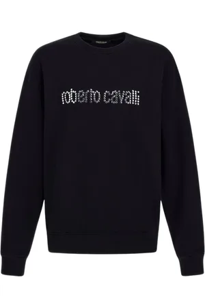 Roberto Cavalli Bluzy, Mężczyzna, Czarny, L, Bawełna, Bluza dresowa z logo i ćwiekami z okrągłym dekoltem