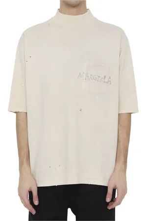 Maison Margiela Koszulki, Mężczyzna, Beżowy, S, Bawełna, T-shirt z wysokim kołnierzem i unikalnym wykończeniem