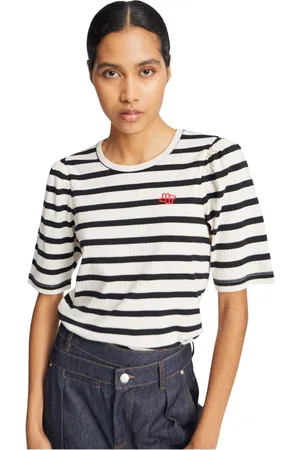 Munthe Koszulki, Kobieta, Czarny, XS, Bawełna, T-shirt w paski z bufiastymi rękawami