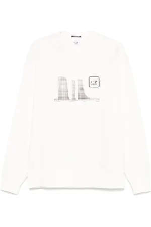 C.P. Company Bluzy, Mężczyzna, Biały, M, Bawełna, Biały sweter z prążkowanym okrągłym dekoltem i długimi rękawami