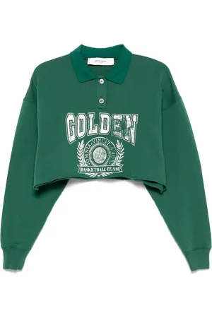 Golden Goose Koszulki, Kobieta, Zielony, XS, Zielony Cropped Polo Sweatshirt Biały Druk